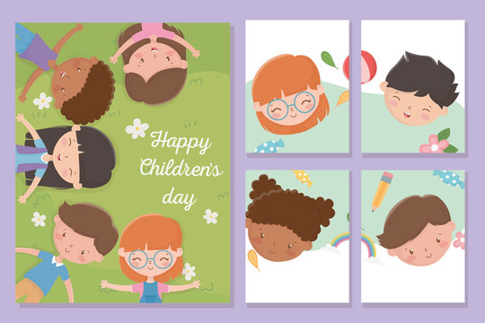 Happy Childrens Day, Banners Smiling Boys And Girls Faces