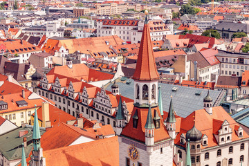 Fototapeta na wymiar Aerial skyline view of red roofs in Munich, Germany