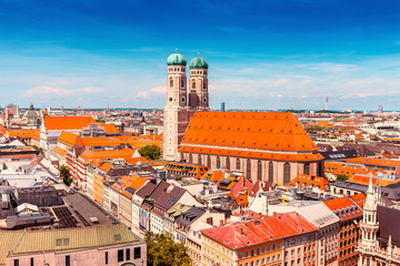 Aerial bird eye view of famous Frauenkirche church in Munich, travel destinations in Bavaria concept - obrazy, fototapety, plakaty