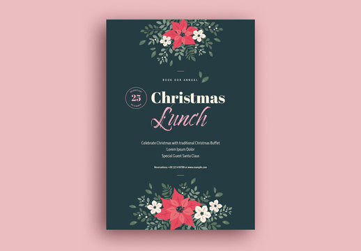 Christmas Lunch Flyer Layout with Illustrative Flowers