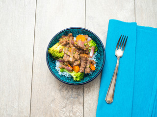 Bulgogi! Korean beef with vegetables and rice - copy space