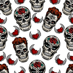 Vector hand drawn colorful seamless pattern of Day Of The Dead Skull. Skulls sugar flower and hearts with wings. Skull tattoo on white background.