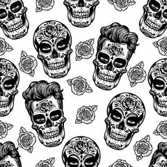 Vector hand drawn seamless pattern of Day Of The Dead Skull. Skulls sugar flower. Skull tattoo on white background.