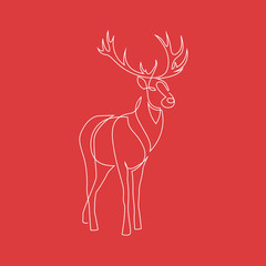 One continuous line drawing of Reindeer Christmas sign on red background. Full height deer. Vector illustration. EPS 10