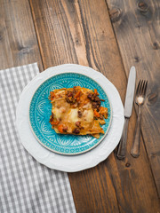 Portion delicious lasagne from above