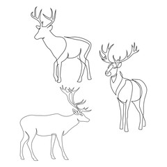 One line design silhouette of deer. Set of full height stags. Hand drawn single continuous line minimalism style vector illustration