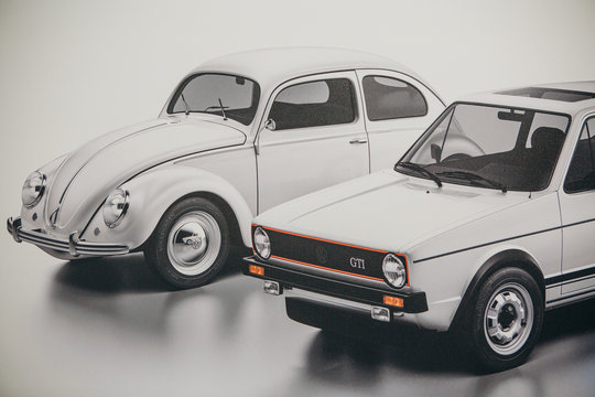 Berlin, August 29, 2018: A photo of an image of old-fashioned cars Beetle and Jetta presented at the official Auto Show Drive - Group Forum in Berlin.