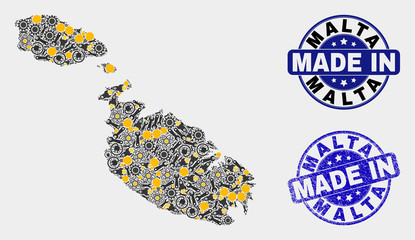Mosaic industrial Malta map and blue Made In textured stamp. Vector geographic abstraction model for industrial, or political templates. Mosaic of Malta map combined of random gearwheels, wrenches,