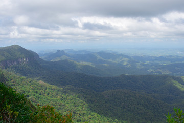 High Hilltop Lookout On A Overcast Moody Day Overlooking Lush Green Hills And Valley In Australia