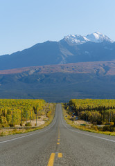 Scenic highway surrounded by mountains and trees  in autumn season in Alaska