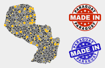 Mosaic industrial Paraguay map and blue Made In scratched seal. Vector geographic abstraction model for technical, or political illustrations. Mosaic of Paraguay map combined of scattered gearwheels,