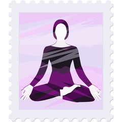 Obraz na płótnie Canvas Postage stamp - Female silhouette in lotus position - isolated on white background - vector. Yoga Day