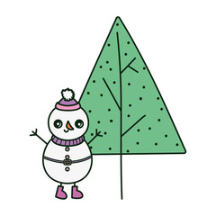 snowman with hat trees snow merry christmas