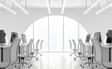 Modern white office minimal style 3d render.There are white room.Furnished with white furniture .There are arch shape windows looking out to see the scenery outside.