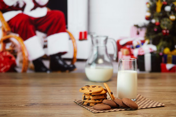 Close up view of glass of milk on Christmas holidays background
