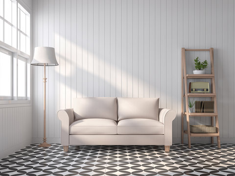Vintage style living room 3d render,There are black and white pattern tile floor,white wood plank wall,Decorate with beige sofa and wooden shelves.