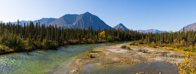 Panorama of remote river and mountains in Alaska - 297427516