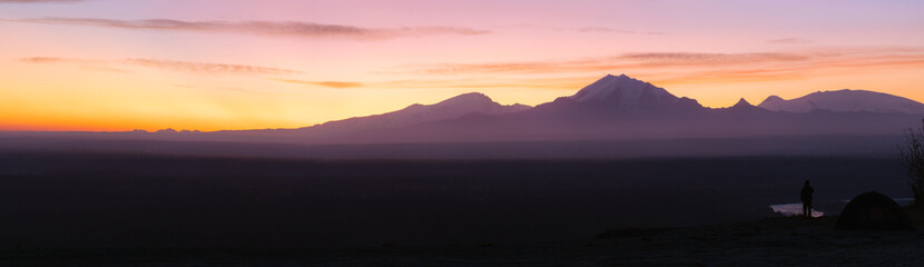Panorama of Wrangell - St Elias National Park during colorful sunrise, Alaska
