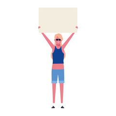 cartoon woman raising blank placard