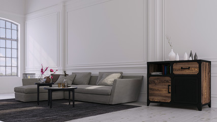 Decorative background for home, office and hotel. Modern interior design living room sofa and modern interior details on a white wall background.