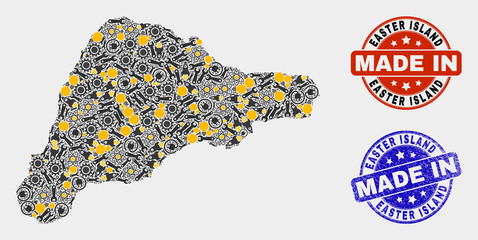 Mosaic gear Easter Island map and blue Made In grunge stamp. Vector geographic abstraction model for mechanic, or patriotic purposes. Mosaic of Easter Island map combined of scattered gearwheels,