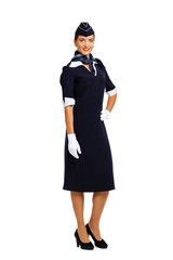 Fototapeta premium Young beautiful Russian stewardess in blue uniform