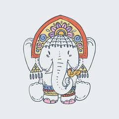 Cute circus elephant in a kokoshnik and bracelets. Hand drawn vector illustration
