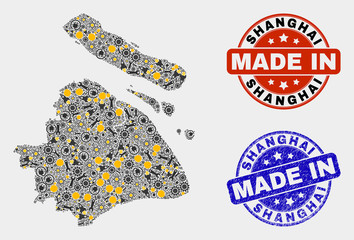Mosaic industrial Shanghai City map and blue Made In scratched stamp. Vector geographic abstraction model for industrial, or political illustrations.