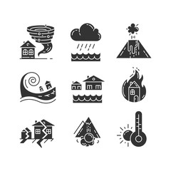 Natural disaster glyph icons set. Earthquake, wildfire, tsunami, tornado, avalanche, flood, downpour, volcanic eruption, drought. Global problem. Silhouette symbols. Vector isolated illustration