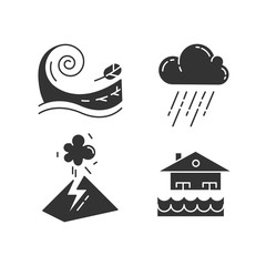 Natural disaster glyph icons set. Geological and atmospheric hazards. Flood, tsunami, volcanic eruption, downpour. Destructive force of nature. Silhouette symbols. Vector isolated illustration