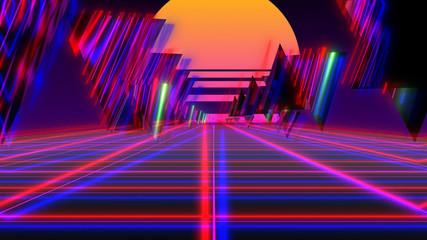 Retro Triangle Glitch futuristic 80's neon - Synthwave / Vaporwave / Retrowave style - 3D illustration render