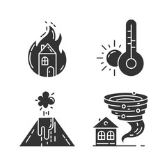 Natural disaster glyph icons set. Weather forecast, fire, volcanic eruption, tornado. Insurance case. Extreme events. Destructive force of nature. Silhouette symbols. Vector isolated illustration