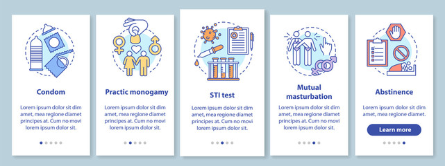 Safe sex onboarding mobile app page screen with linear concepts. Condom and abstinence. Practic monogamy. Five walkthrough steps graphic instructions. UX, UI, GUI vector template with illustrations