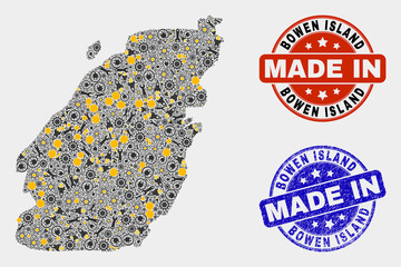 Mosaic gear Bowen Island map and blue Made In scratched stamp. Vector geographic abstraction model for service, or political illustrations. Mosaic of Bowen Island map combined of random cogwheel,