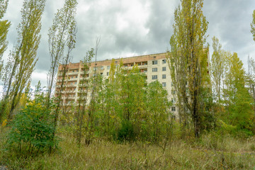 City ghost Pripyat. Chernobyl Exclusion Zone. The accident at the Chernobyl nuclear power plant. The consequences of the accident. Yellow radiation sign. Dangerous territory. Infection with radiation.