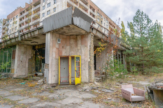 City ghost Pripyat. Chernobyl Exclusion Zone. The accident at the Chernobyl nuclear power plant. The consequences of the accident. Yellow radiation sign. Dangerous territory. Infection with radiation.