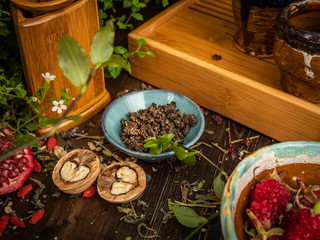 Preparation of the tea ceremony, tea in the bowl. Handmade cups