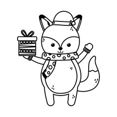 cute fox with gift and scarf merry christmas thick line
