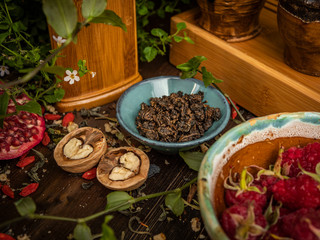 Preparation of the tea ceremony, tea in the bowl. Handmade cups