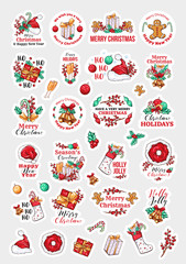 Naklejka premium Christmas holidays Christmas stichers clipart vector set. Winter season festive hand drawn cartoon colorful stickers with typography. Merry Xmas Icons, Ho Ho Ho greetings letterings. Isolated Badges