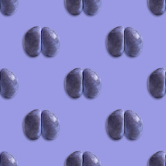 Seamless pattern with ugly plum on purple background. Tropical abstract background. Ugly food