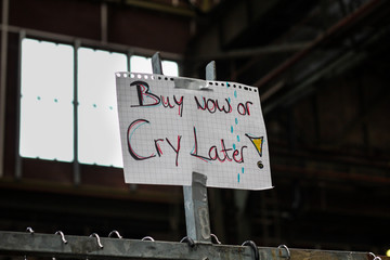 Buy Now or Cry Later Sign for Discount Cheap Second Hand Sale of local business, farmer, seller for...