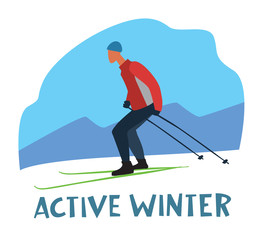 The inscription Active Winter. The guy is skiing. Vector hand drawing