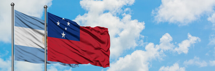 Argentina and Samoa flag waving in the wind against white cloudy blue sky together. Diplomacy concept, international relations.