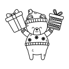 cute polar bear hands up with gifts merry christmas thick line
