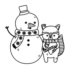 cute snowman with raccoon with candy cane merry christmas thick line