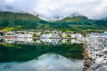 Fototapeta na wymiar Panoramic view of beautiful city Orsta, Norway