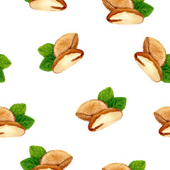 Brazil nut hand drawn watercolor illustration. Seamless pattern.