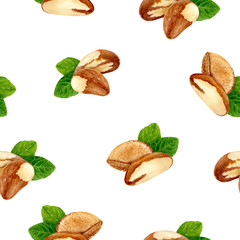 Brazil nut hand drawn watercolor illustration. Seamless pattern.