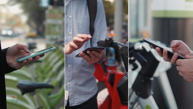 Collage multicam of man and Woman take Electric Kick scooter or bike bicycle in sharing parking lot, tourist phone application. New sharing business project started in city, eco transportation